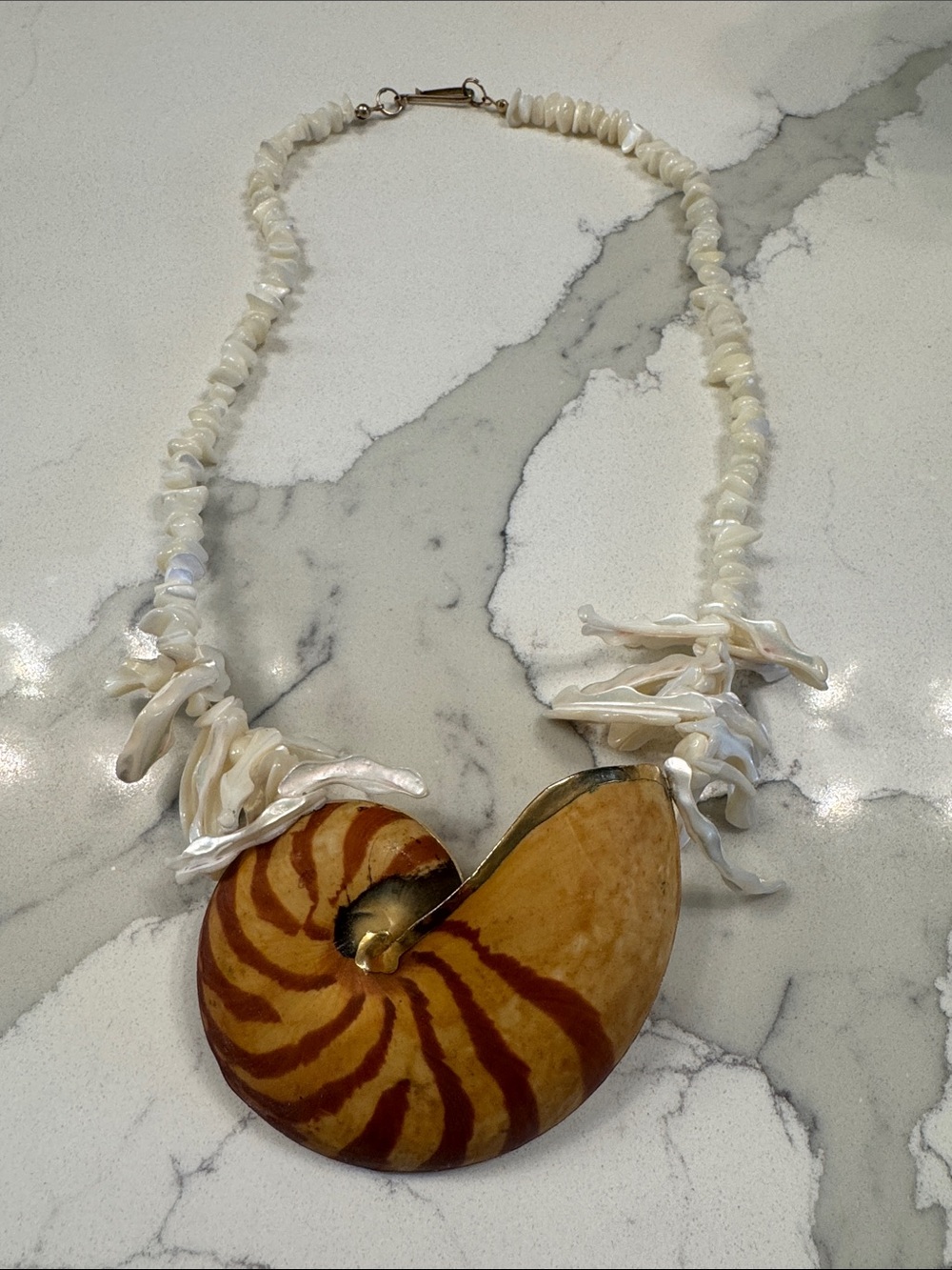Statement Handmade Cream Shell  Necklace with Genuine Nautilus Pendant